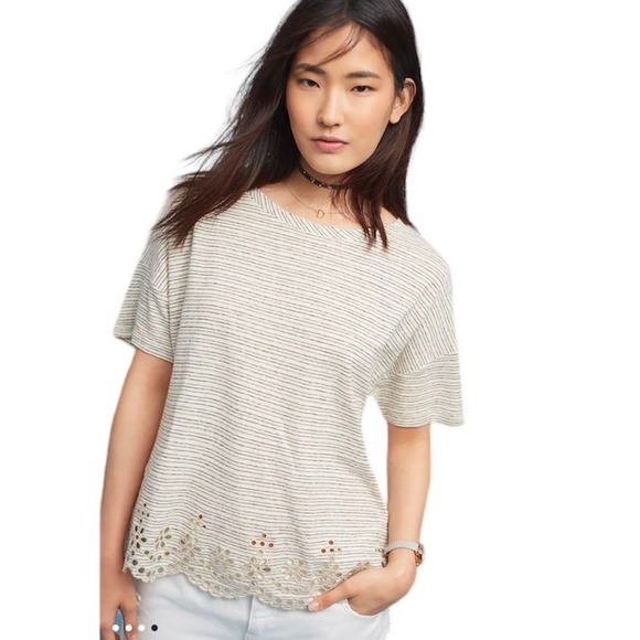 Anthropologie Eyelet-Trimmed Tee Anthro Linen Striped Tee Postmark, Small‎ - Picture 1 of 11